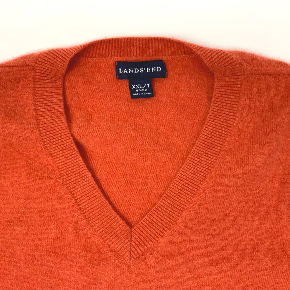 Men's Lands' End v-Neck 100% Cashmere Pullover Sweater Orange/Terracotta Sz XXL